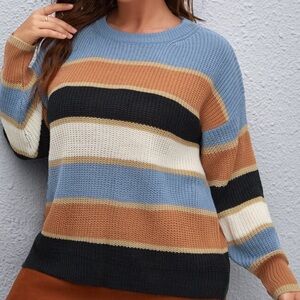 SHEIN Blue and Brown Crew Neck Sweater